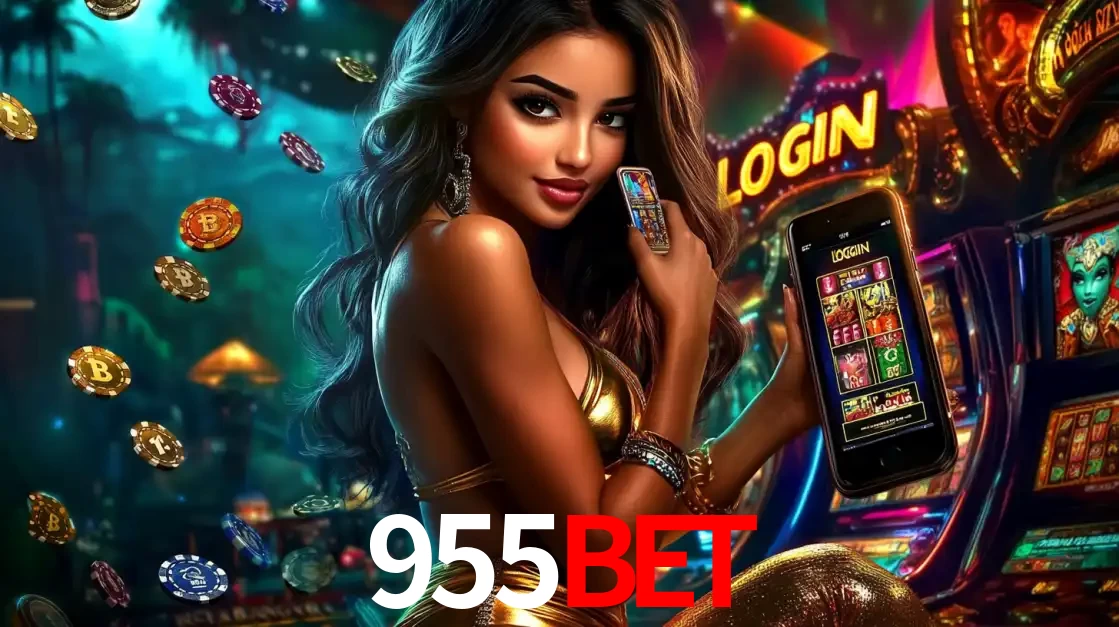 Mulher em um cenário de cassino temático de aventura, mostrando o app de caça-níqueis da 955bet no celular. Fichas de apostas flutuam ao redor.