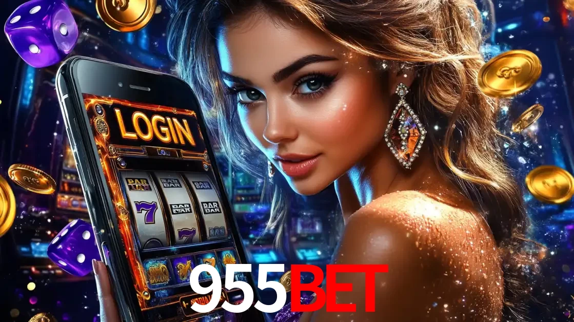 Mulher glamorosa segurando um smartphone com a tela de login para os jogos de caça-níqueis do cassino online 955bet, com moedas de ouro e dados ao redor.