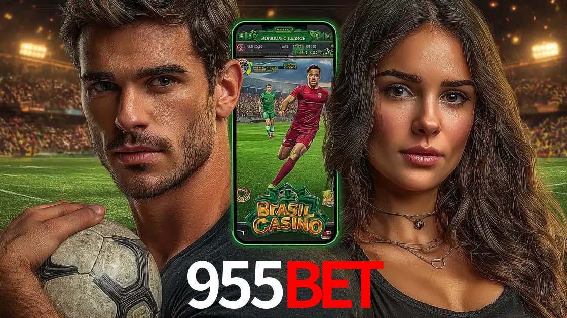 Homem segurando uma bola de futebol e uma mulher ao lado de um smartphone exibindo o jogo de apostas esportivas da 955bet. Faça seu palpite no cassino online.